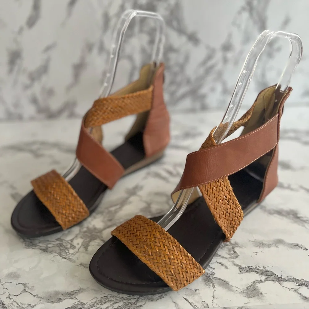 Sandals Gladiator Braided Faux Leather Cognac Casual Back Zipper Flat 10